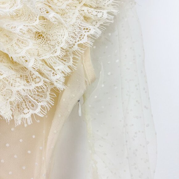 House of CB Sorrel Ivory Lace Frill Mini Dress Size M Off Shoulder Sexy Ruffles - Picture 11 of 13